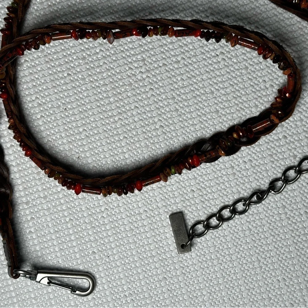 BELT Women Slim Leather Braided Beads & Chain 38-40 Adjustable Brown Hippie Boho